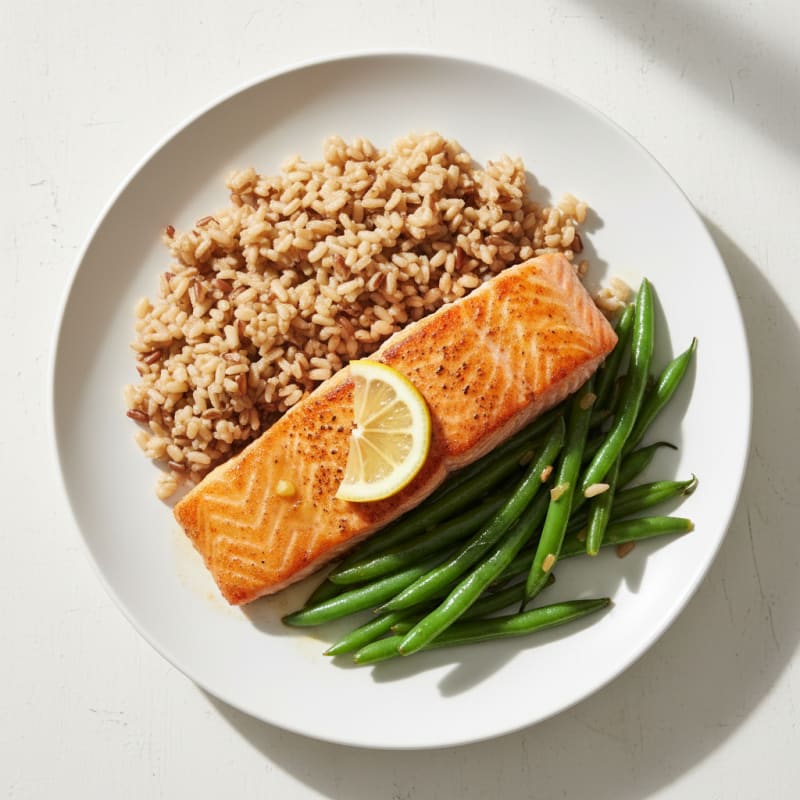 Seared Salmon with Steamed Green Beans and Brown Rice
