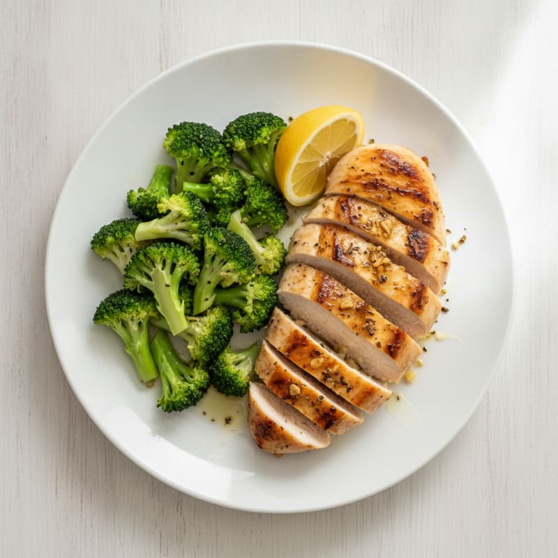 Grilled Chicken Breast with Steamed Broccoli and Lemon