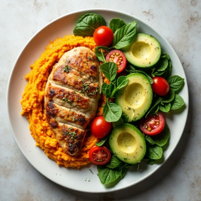 Herb-Roasted Chicken with Sweet Potato Mash and Avocado Spinach Salad