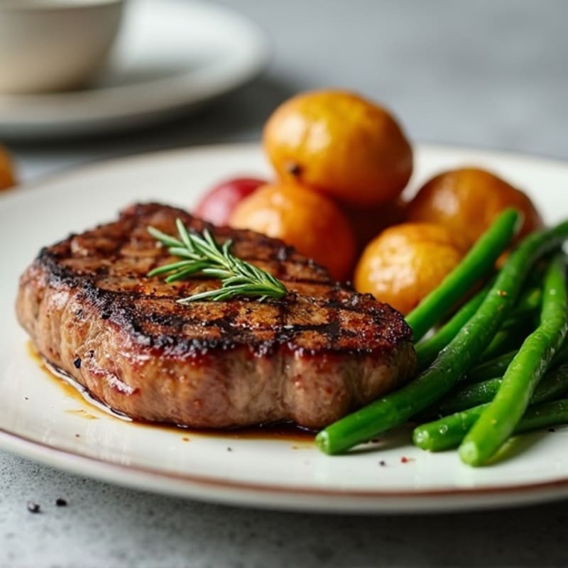 Pan-Seared Steak with Crispy Garlic Roasted Potatoes and Fresh Green Beans