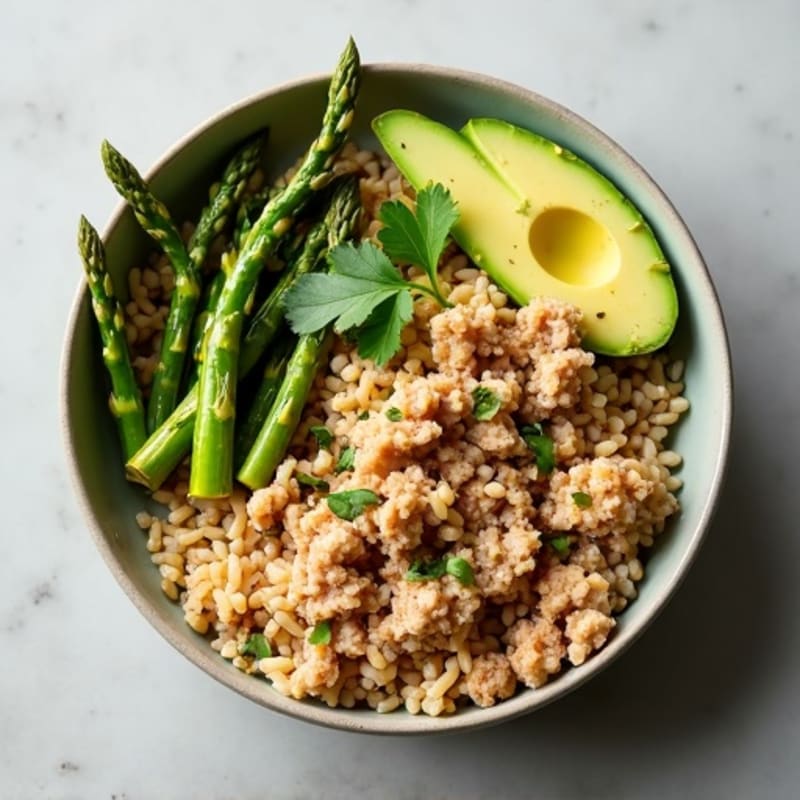 Herb-Seasoned Turkey Rice Bowl with Roasted Asparagus and Fresh Avocado