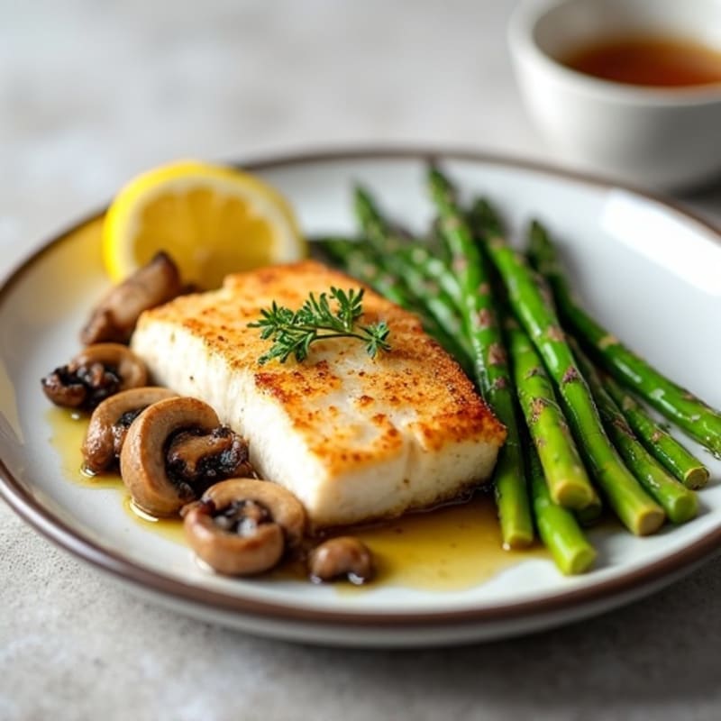 Seared Cod with Roasted Asparagus and Garlic Mushrooms