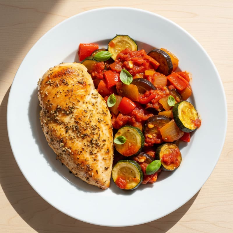 Roasted Vegetable Ratatouille with Herb-Crusted Chicken