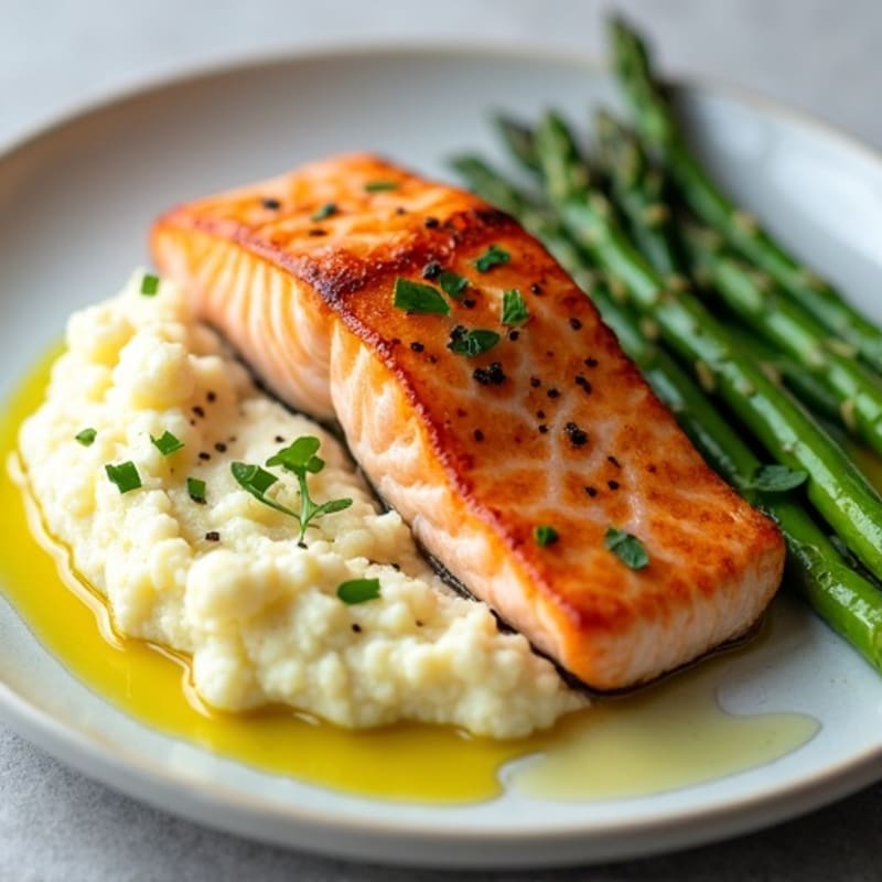 Seared Salmon with Steamed Asparagus and Garlic Mashed Cauliflower
