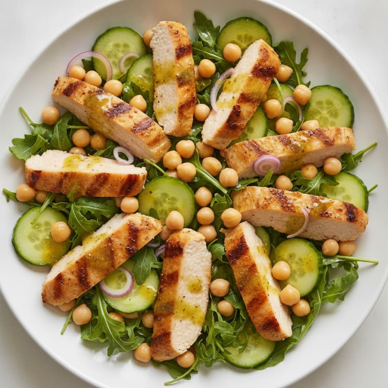Grilled Turkey Breast Salad with Crunchy Cucumber and Chickpeas