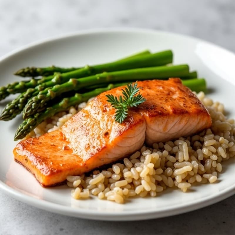 Seared Salmon with Steamed Asparagus and Brown Rice
