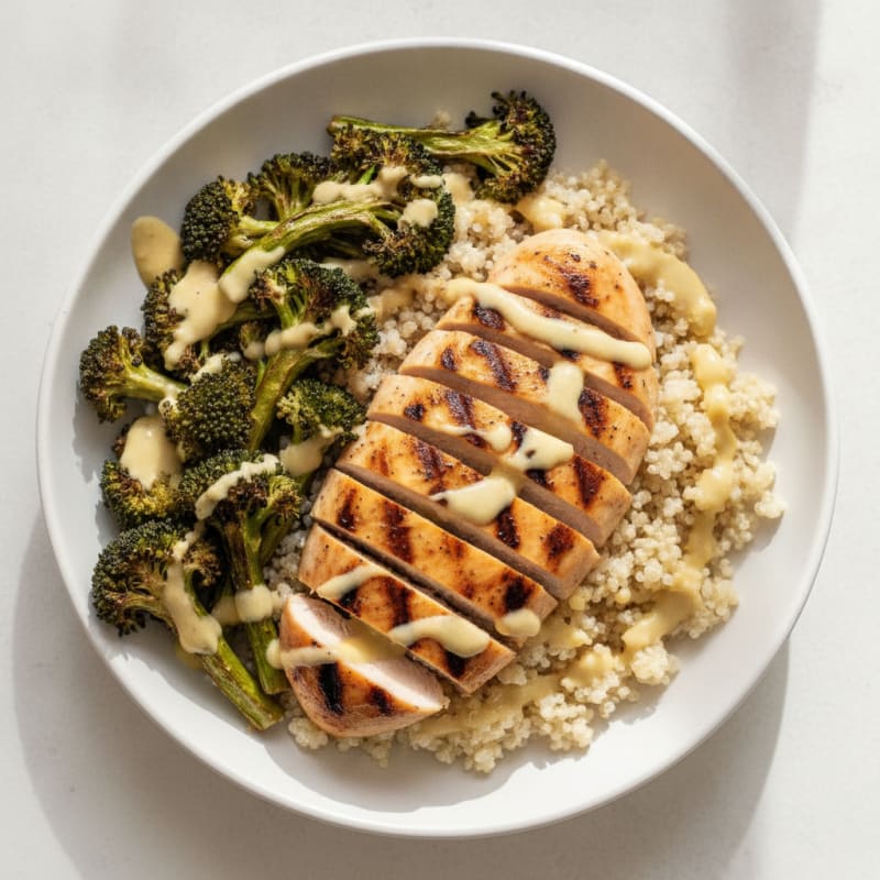 Grilled Chicken and Quinoa Bowl with Roasted Broccoli and Lemon Tahini Drizzle