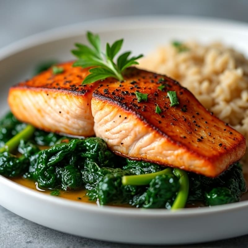 Pan Seared Salmon with Garlic Sautéed Spinach and Brown Rice