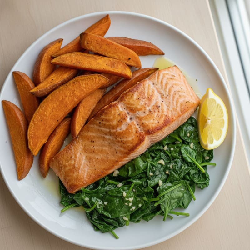 Pan Seared Salmon with Roasted Sweet Potato Fries and Steamed Greens