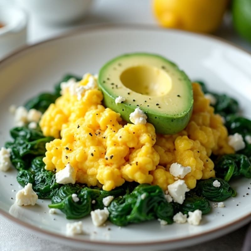 Fluffy Scrambled Eggs with Sautéed Spinach and Avocado