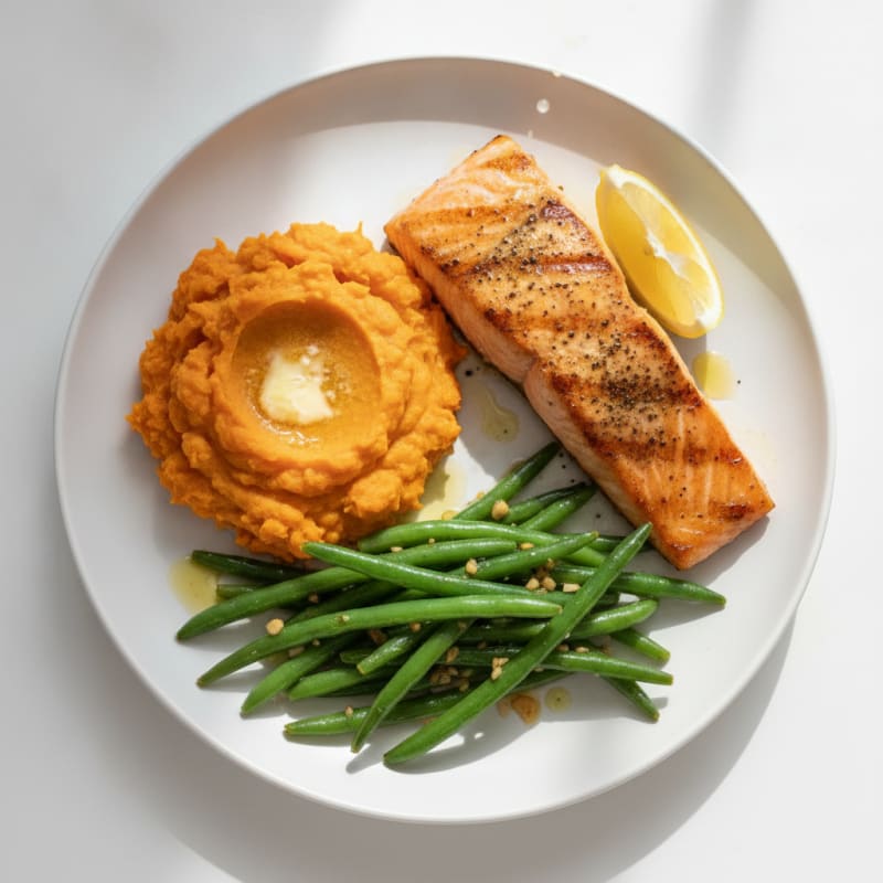 Seared Salmon Fillet with Garlic Green Beans and Mashed Sweet Potato