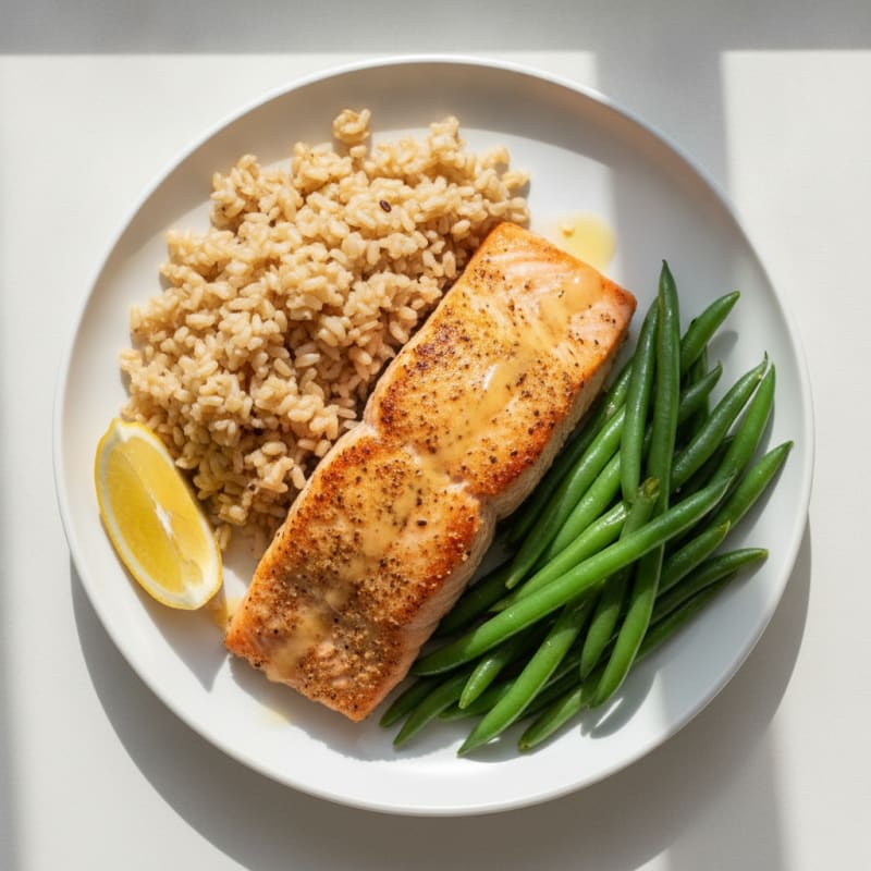 Seared Salmon with Steamed Green Beans and Brown Rice