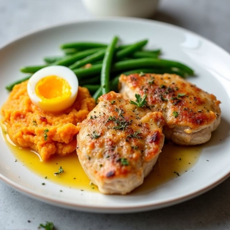 Baked Chicken Thighs with Steamed Green Beans and Sweet Potato Mash