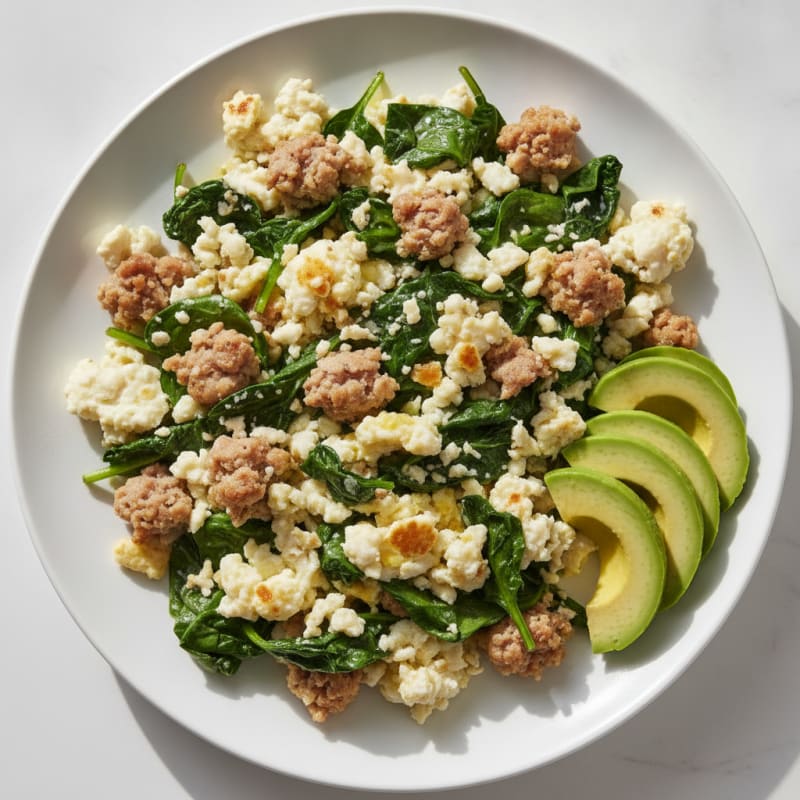 Egg White Scramble with Turkey Sausage and Sautéed Spinach