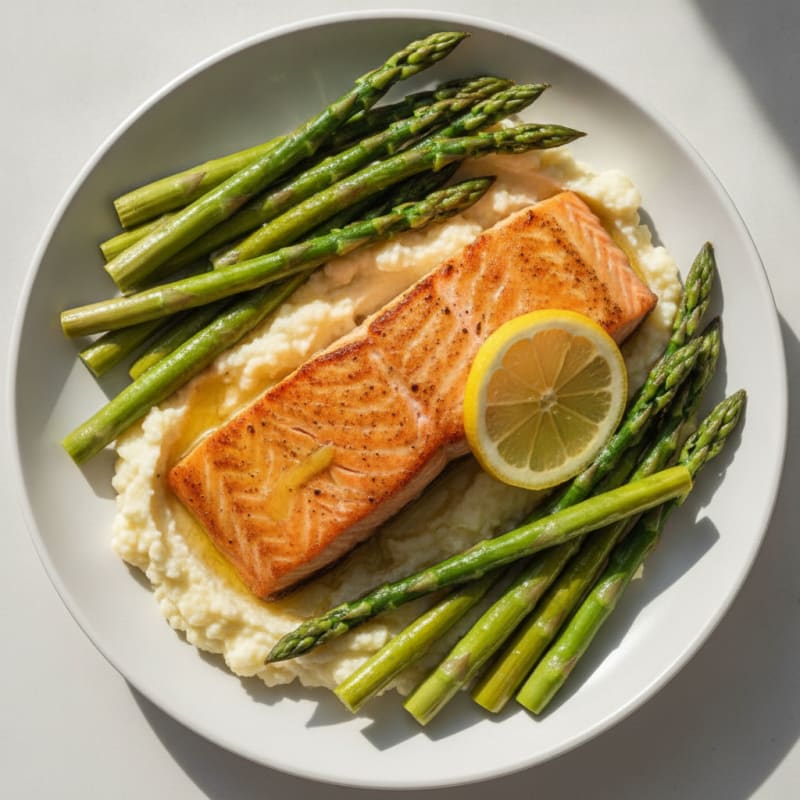 Seared Salmon with Steamed Asparagus and Cauliflower Mash