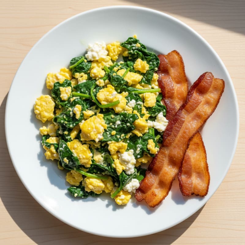 Cottage Cheese Scramble with Spinach and Turkey Bacon