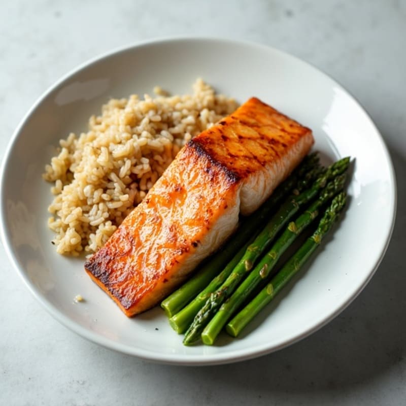Seared Salmon Fillet with Steamed Asparagus and Brown Rice