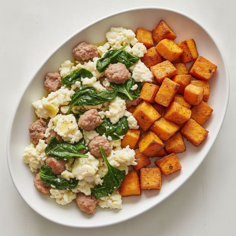 Egg White and Turkey Sausage Scramble with Spinach and Roasted Sweet Potatoes