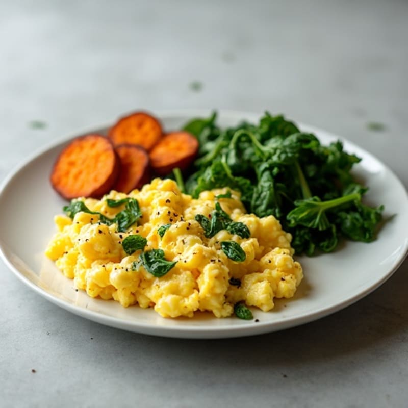 Fluffy Egg and Spinach Scramble with Roasted Sweet Potatoes