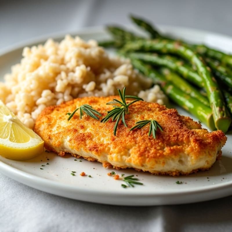 Crispy Lemon-Herb Chicken with Fluffy Brown Rice and Roasted Asparagus