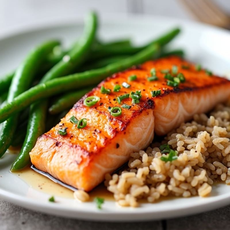 Seared Salmon with Garlic Green Beans and Brown Rice