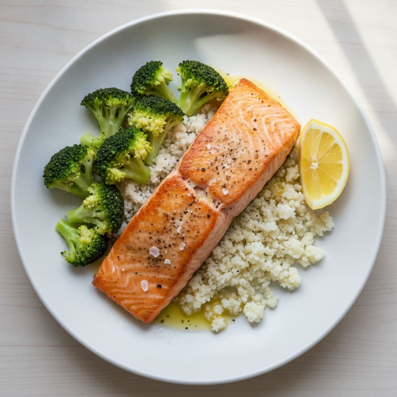 Seared Salmon with Steamed Broccoli and Cauliflower Rice