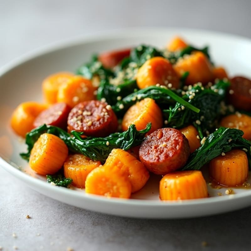 Skillet Sweet Potato Gnocchi with Chicken Sausage and Sautéed Greens