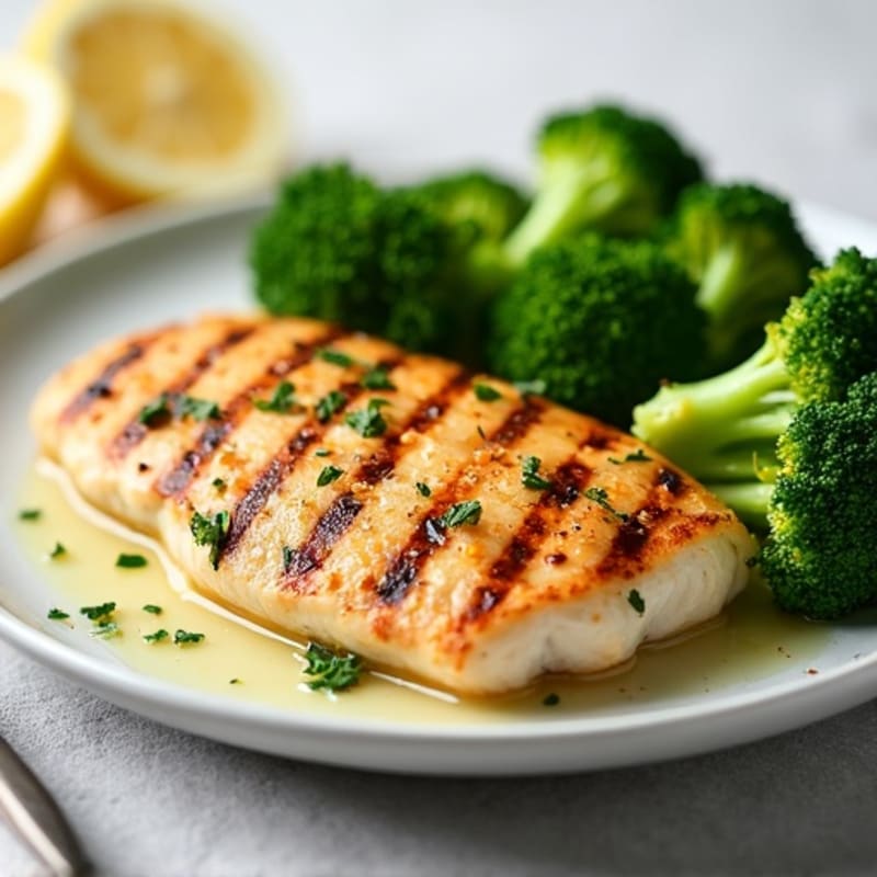 Grilled Chicken Breast with Steamed Broccoli and Lemon