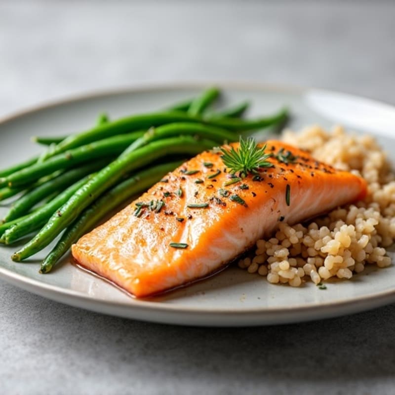 Seared Salmon with Steamed Green Beans and Brown Rice