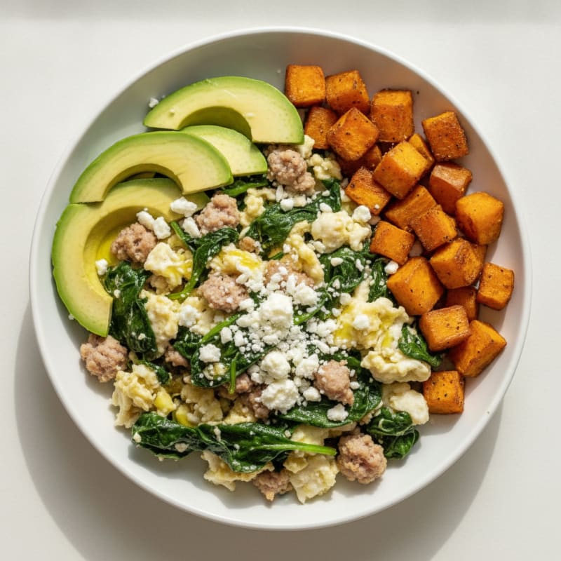 Egg White and Turkey Sausage Scramble with Spinach and Feta