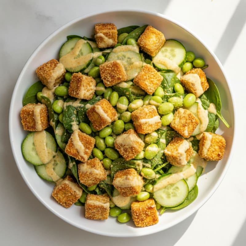 Crispy Tofu and Edamame Power Salad with Lemon Tahini Dressing