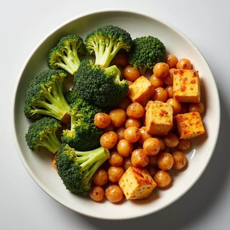 Crispy Garlic-Roasted Broccoli Florets with Tofu and Chickpeas