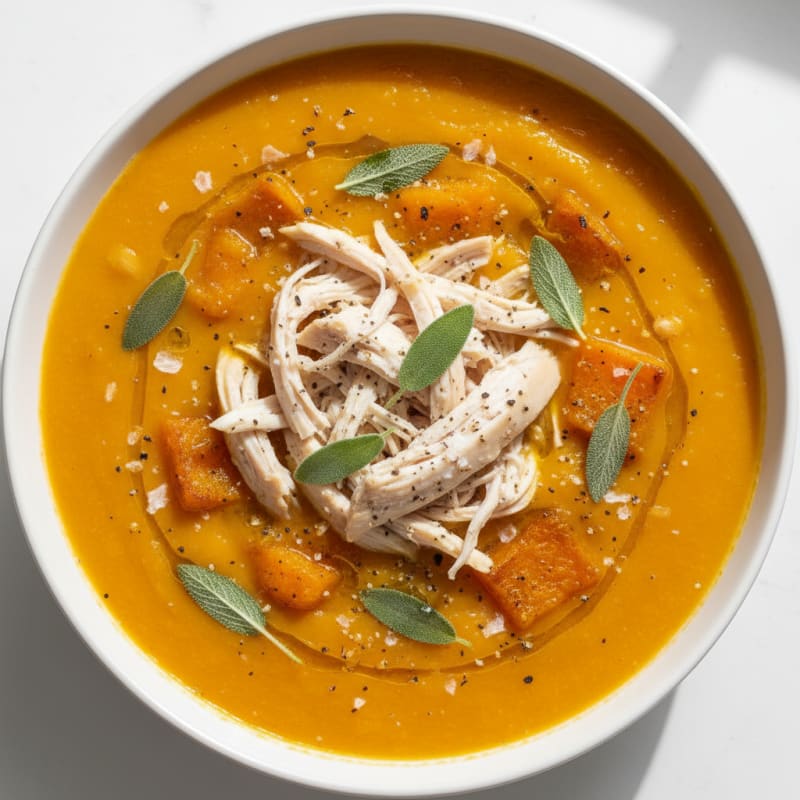 Roasted Butternut Squash Soup with Sage and Shredded Chicken