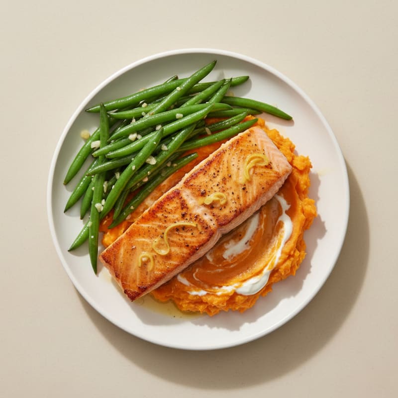 Pan-Seared Salmon with Garlic Green Beans and Sweet Potato Mash