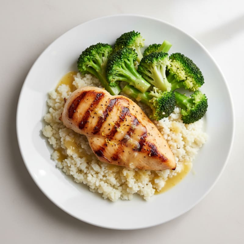 Grilled Chicken Breast with Steamed Broccoli and Cauliflower Rice