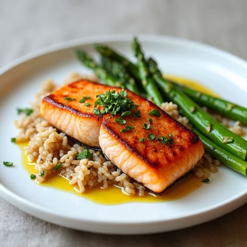 Seared Salmon Filet with Steamed Asparagus and Brown Rice