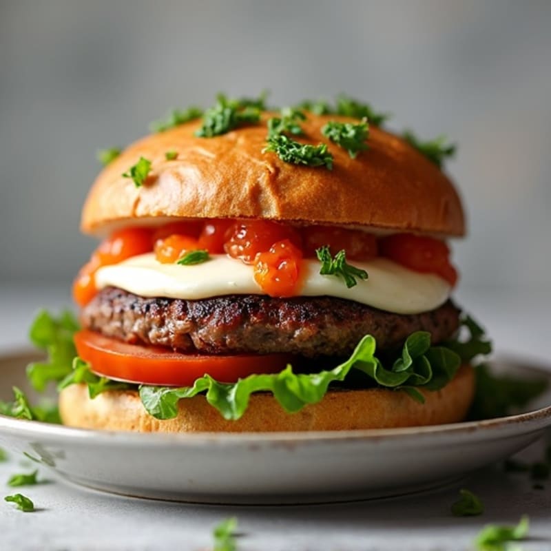 Lean Beef Burger with Crispy Baked Mozzarella and Fresh Tomato Basil Sauce