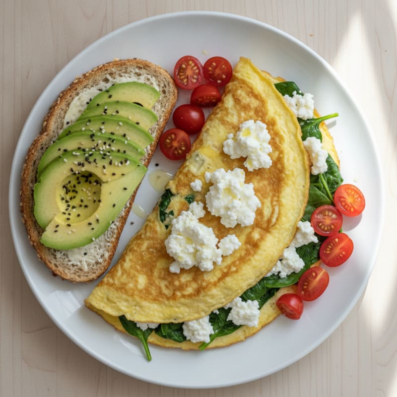 Egg White and Spinach Omelet with Cottage Cheese and Cherry Tomatoes