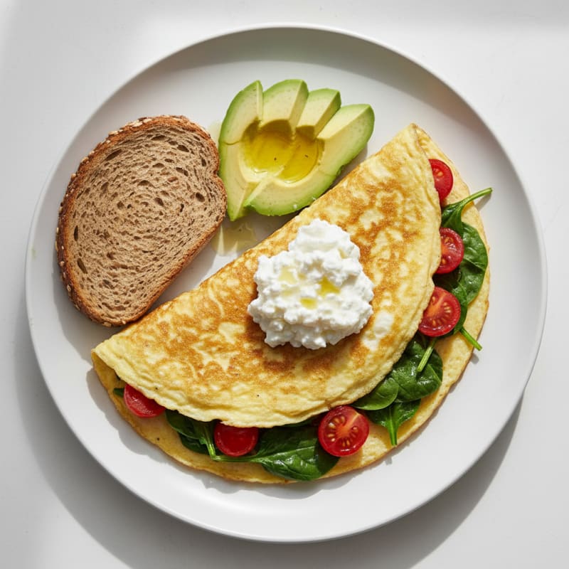 Egg White Spinach Omelette with Cottage Cheese and Cherry Tomatoes