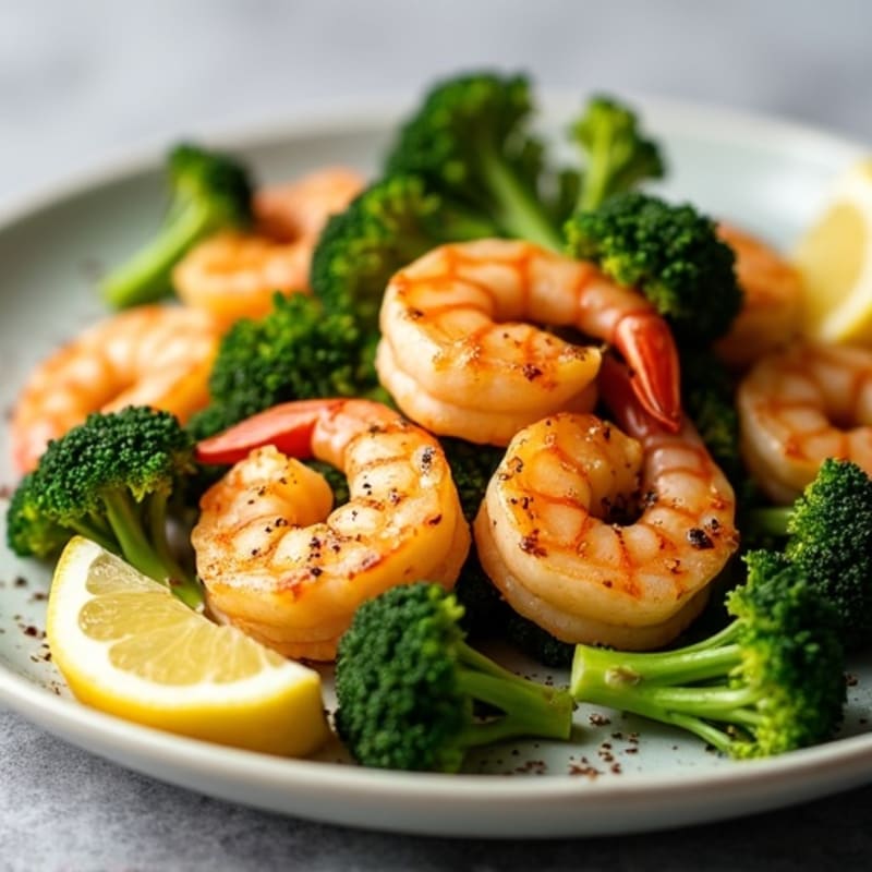 Lemon Garlic Pan-Seared Shrimp with Roasted Broccoli