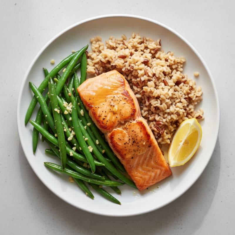 Seared Salmon with Garlic Green Beans and Brown Rice