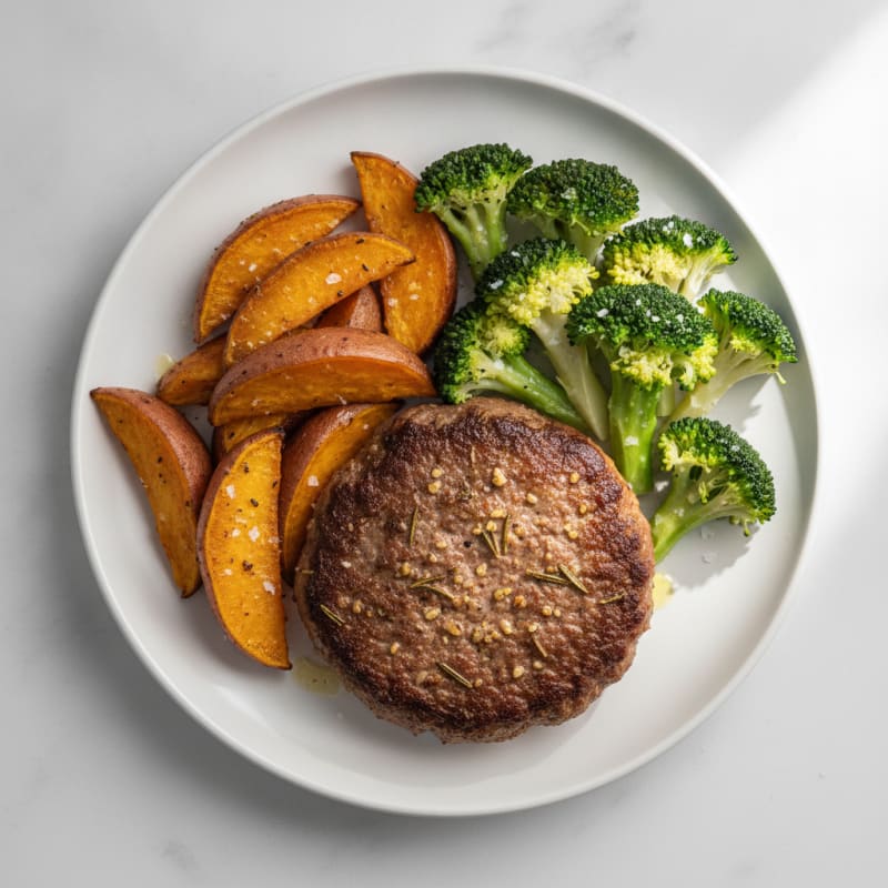 Herb-Seared Hamburger Patty with Roasted Sweet Potatoes and Steamed Broccoli