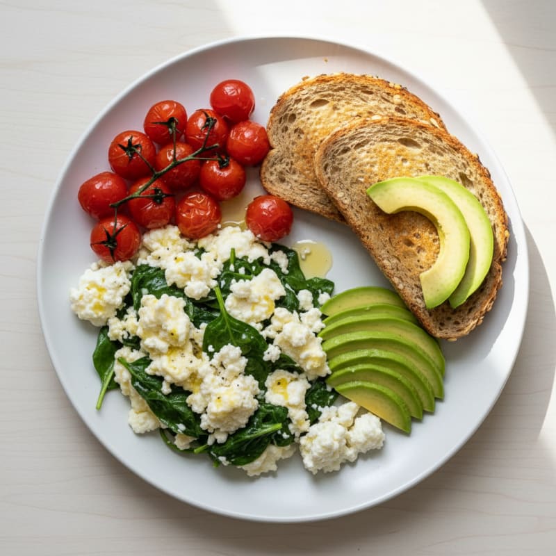 Egg White and Spinach Scramble with Cottage Cheese and Cherry Tomatoes