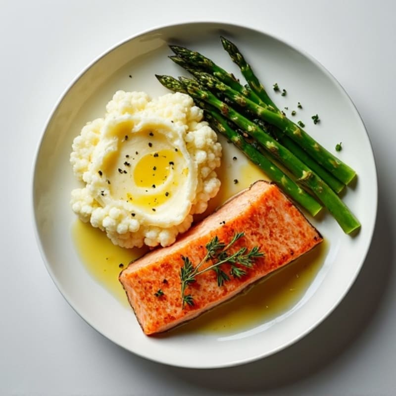 Seared Salmon with Steamed Asparagus and Garlic Cauliflower Mash