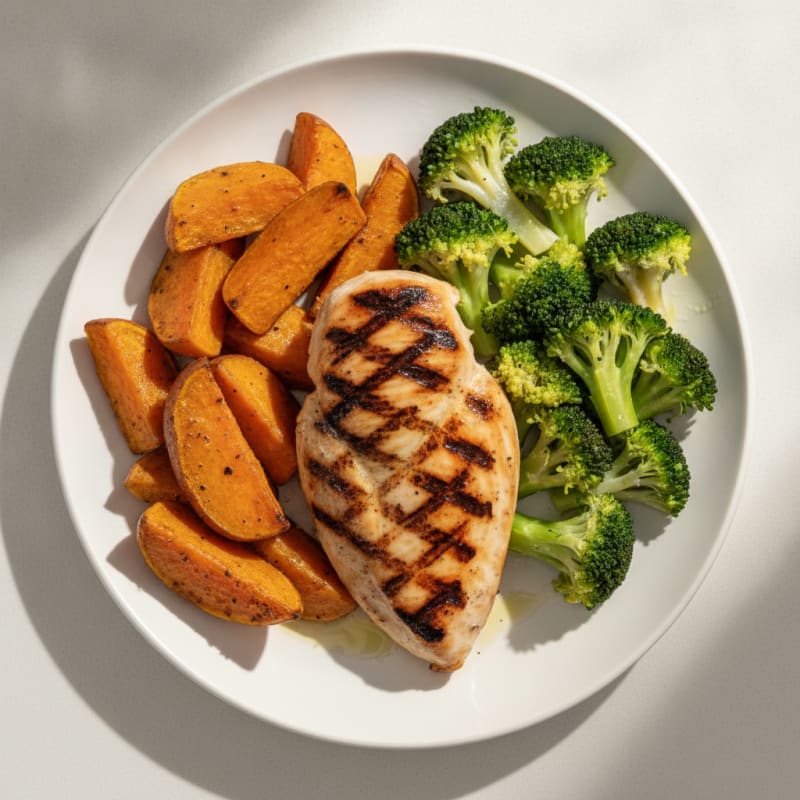 Grilled Chicken Breast with Roasted Sweet Potato and Steamed Broccoli