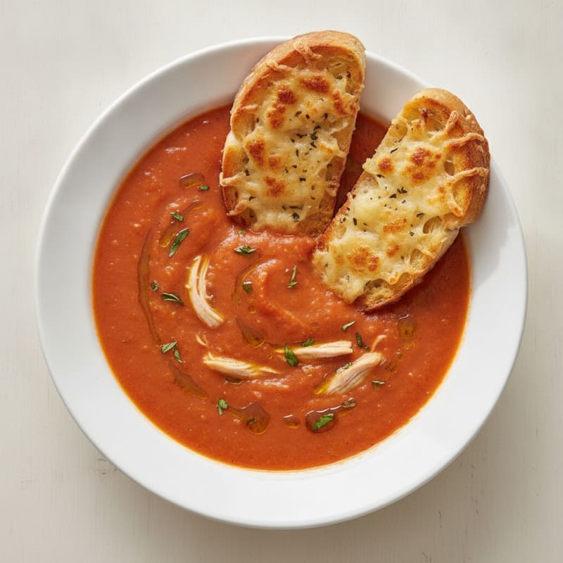 Roasted Tomato Basil Soup with Parmesan Crostini