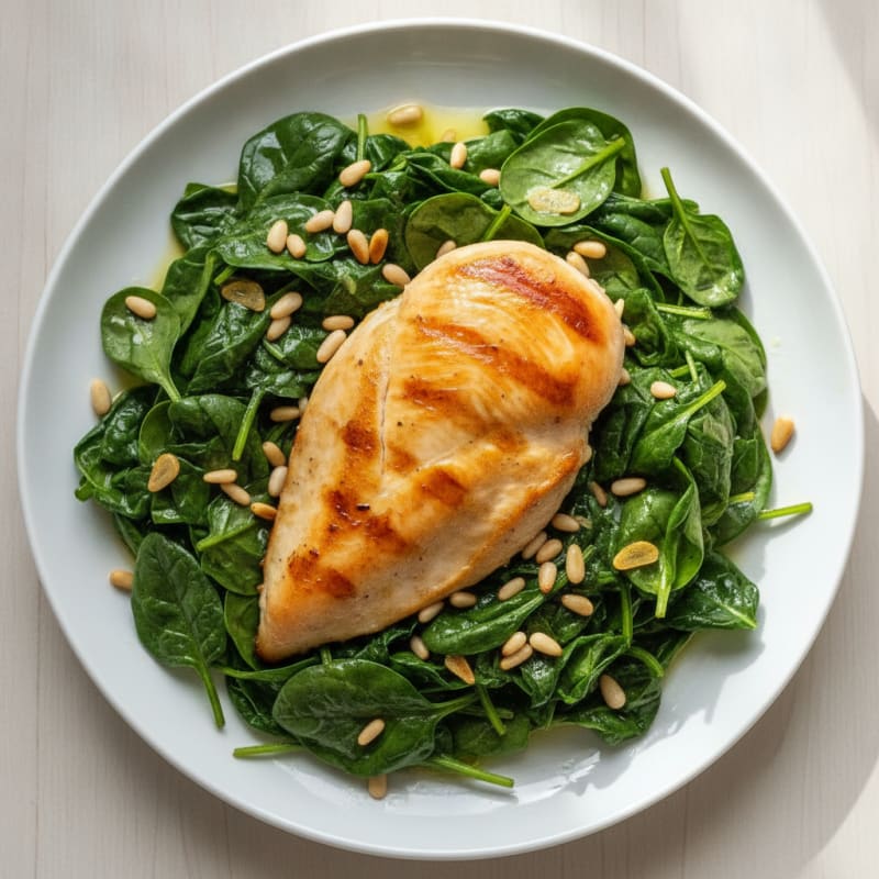 Garlic Spinach with Toasted Pine Nuts and Pan-Seared Chicken