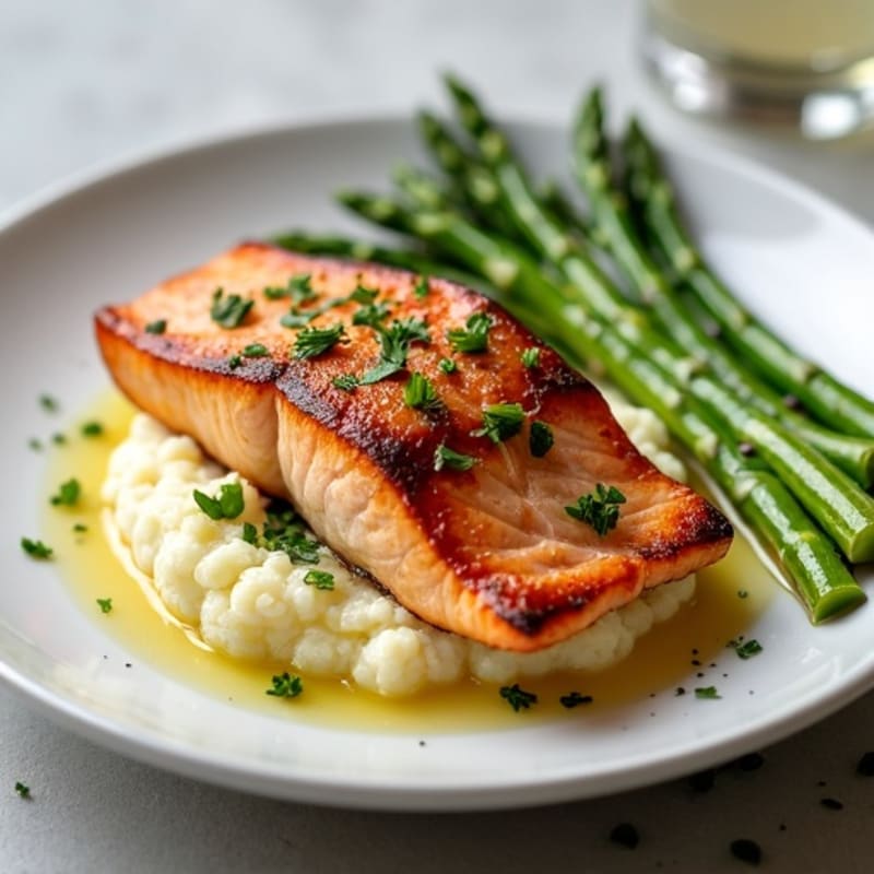 Seared Salmon with Steamed Asparagus and Cauliflower Mash