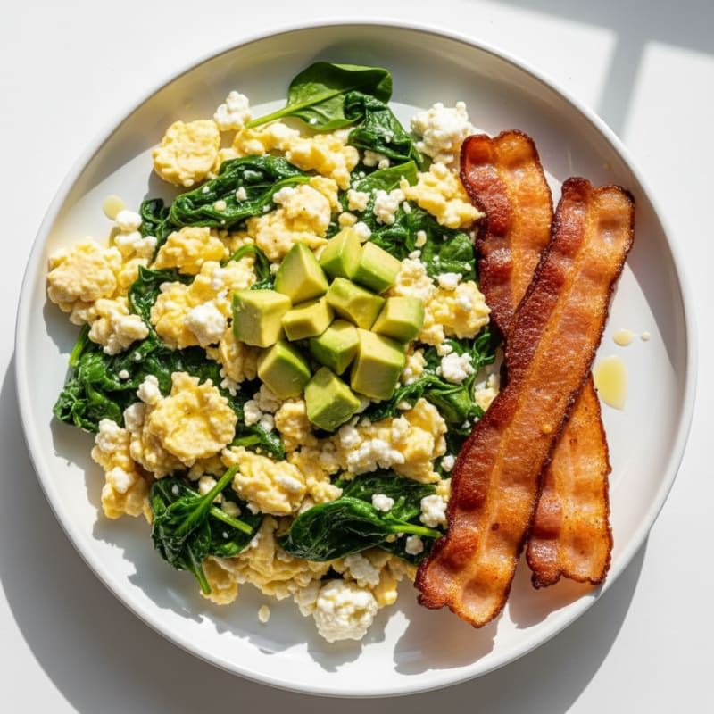 Cottage Cheese Egg Scramble with Sautéed Spinach and Turkey Bacon