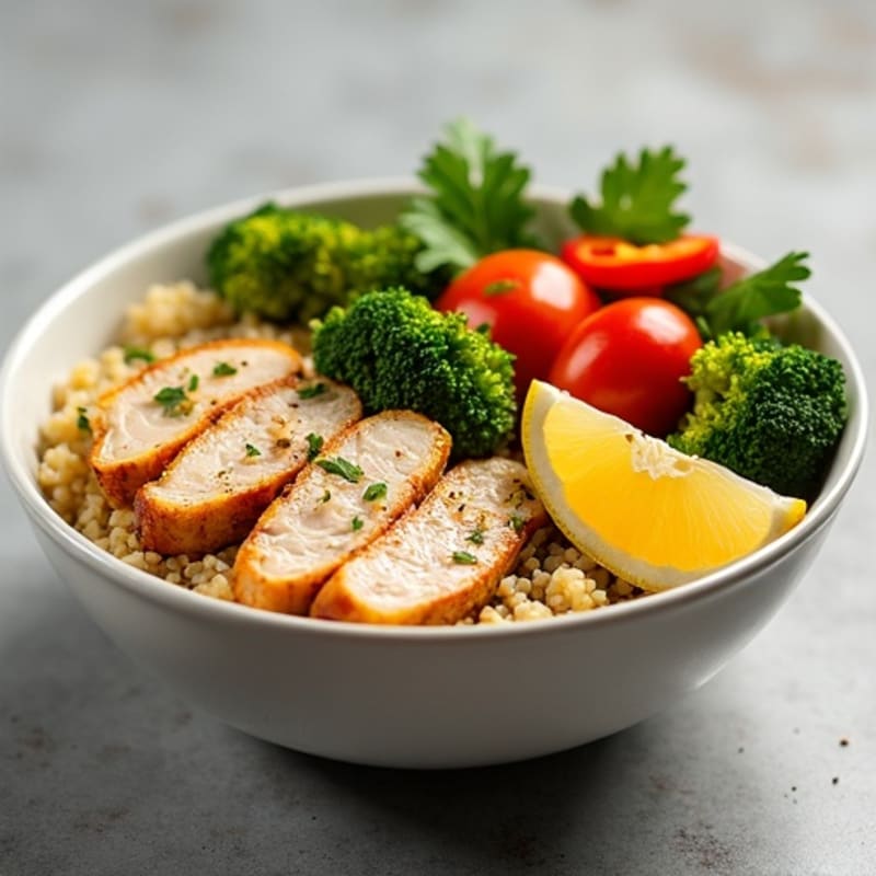 Fluffy Quinoa Bowl with Lemon Herb Chicken and Crispy Roasted Vegetables